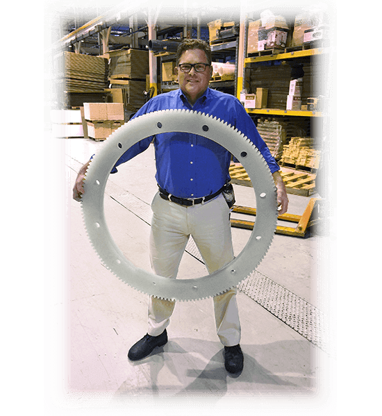 Polypropylene Fabrication, 40-Inch diameter polypropylene gears for plating - With person for scale